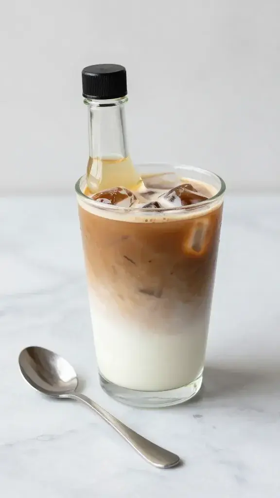 vanilla syrup bottle and spoon beside iced latte on marble