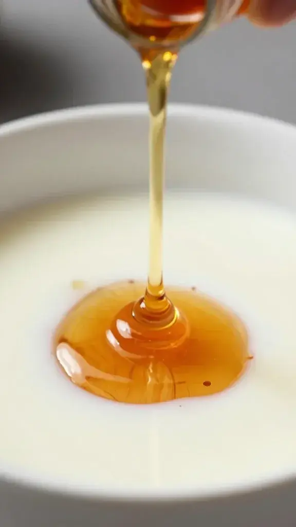 pure maple syrup drizzling into steamed almond milk