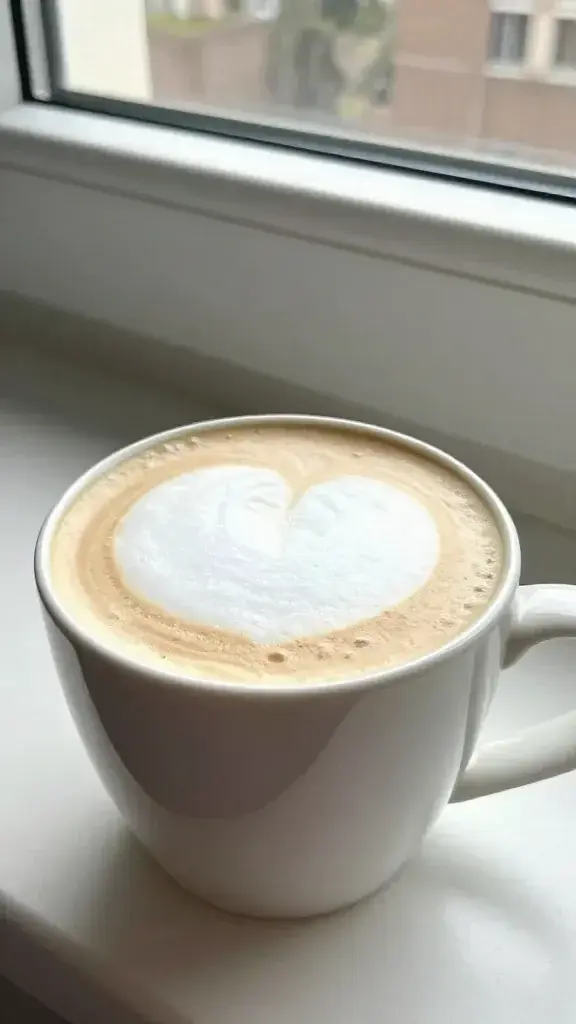white chocolate latte in ceramic mug, silky microfoam, window light
