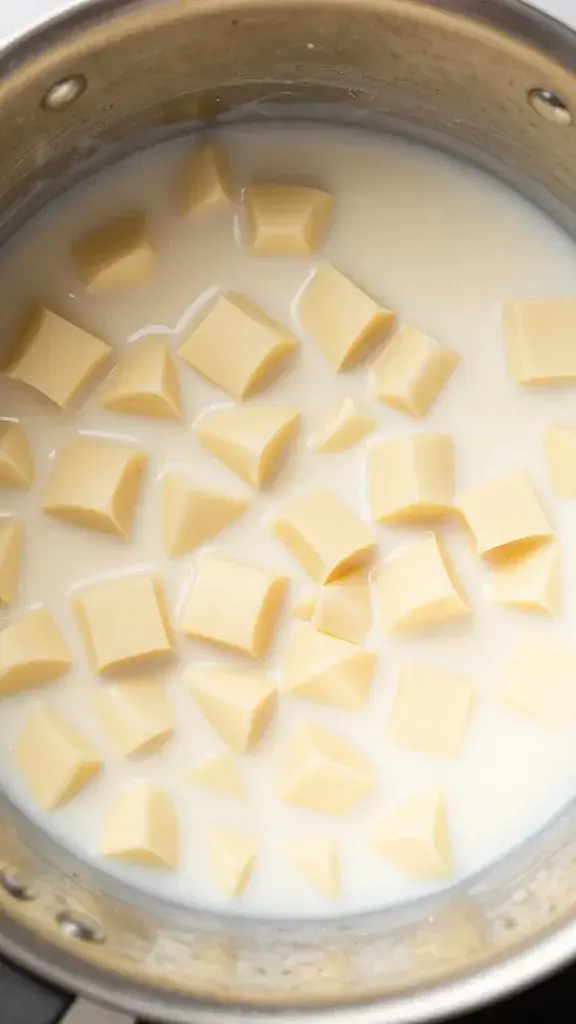 melting white chocolate chips in warm milk, saucepan overhead