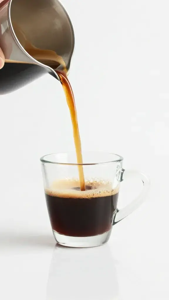 espresso shot poured over white chocolate, glass mug, minimal backdrop