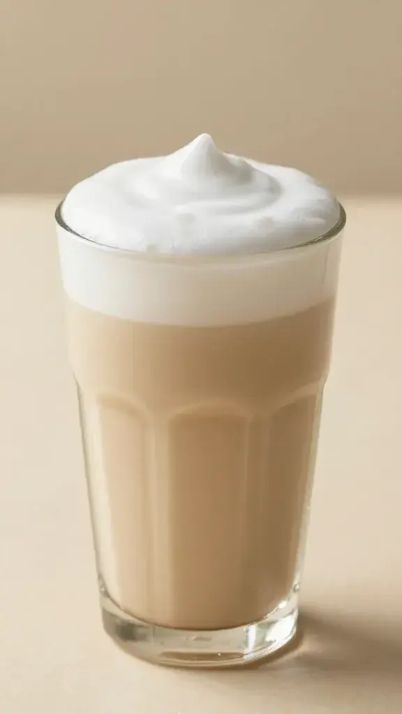 Coconut milk latte in glass, silky foam, warm light