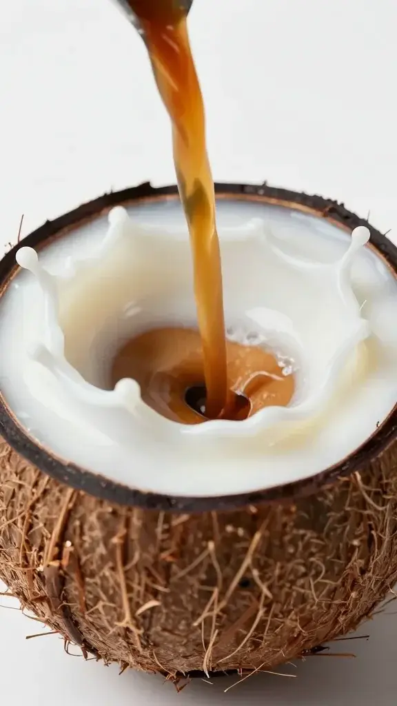 Espresso shot poured into coconut milk, close-up splash