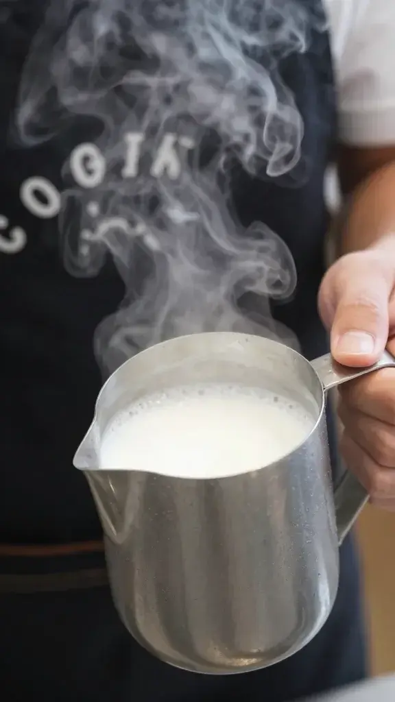 Barista frothing coconut milk in stainless pitcher, steam rising