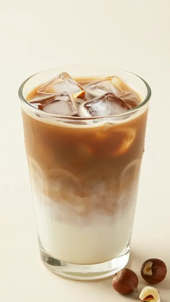 iced hazelnut latte in clear glass with clinking ice