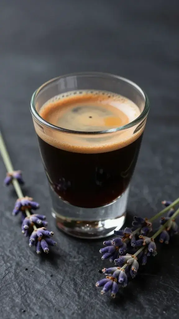 espresso shot with culinary-grade lavender sprigs, dark backdrop