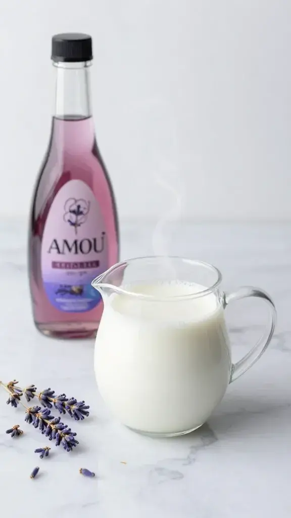 steamed milk pitcher beside lavender syrup bottle, marble counter