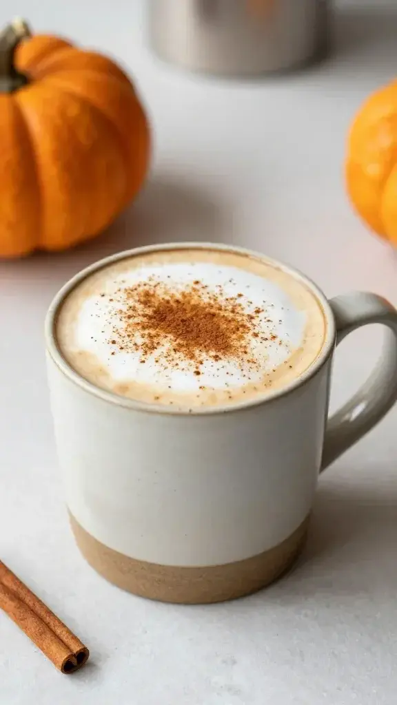 pumpkin spice latte in ceramic mug, cinnamon dust, cozy kitchen