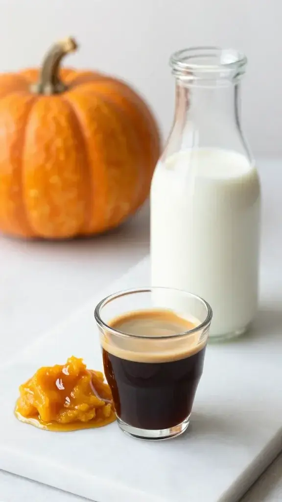 milk, pumpkin puree, maple syrup, espresso shot on marble