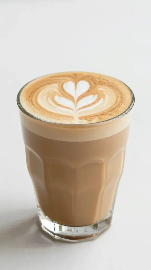 brown sugar oat milk latte in clear glass, latte art