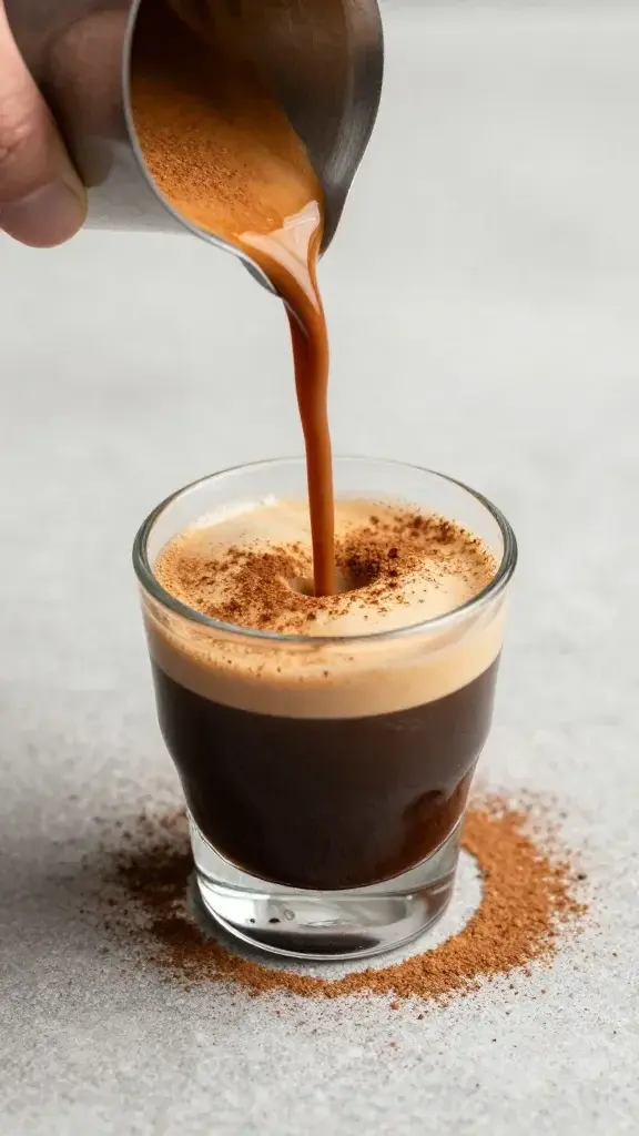 espresso shot poured into oat milk, cinnamon dusting