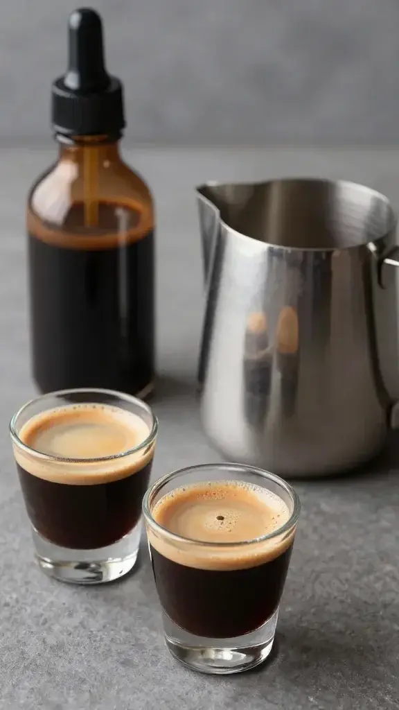 espresso shots beside chocolate syrup bottle, barista stainless pitcher