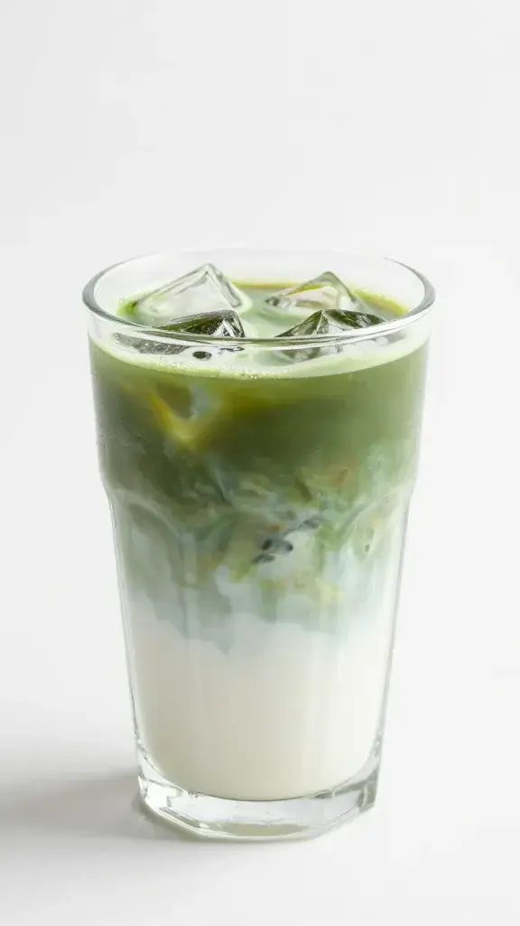 iced matcha latte in clear glass with oat milk