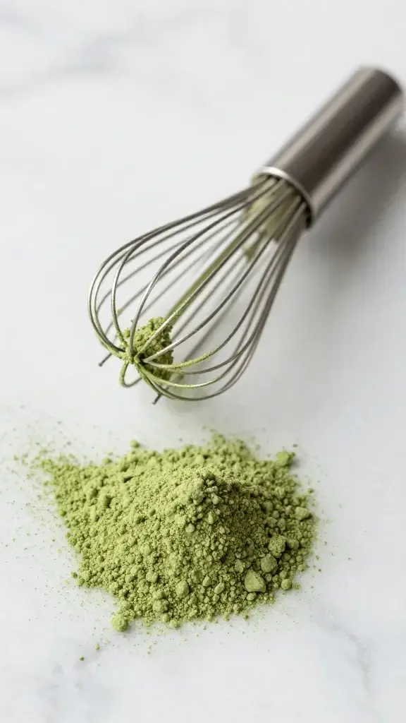 matcha whisk and ceremonial grade powder on marble