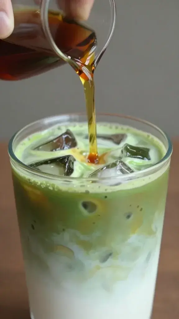 pouring simple syrup into iced matcha latte close-up
