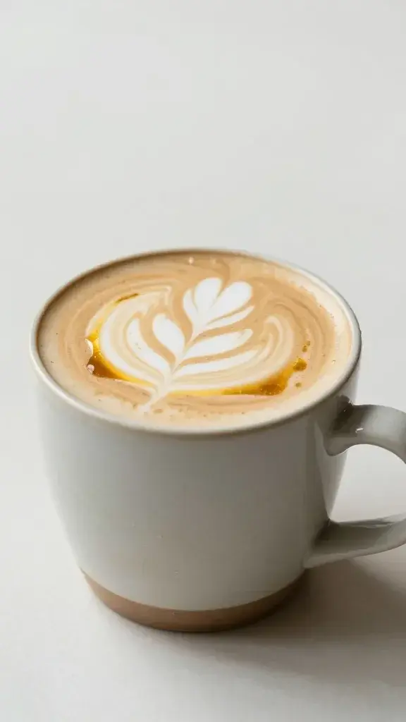 honey latte in ceramic mug, golden drizzle, latte art