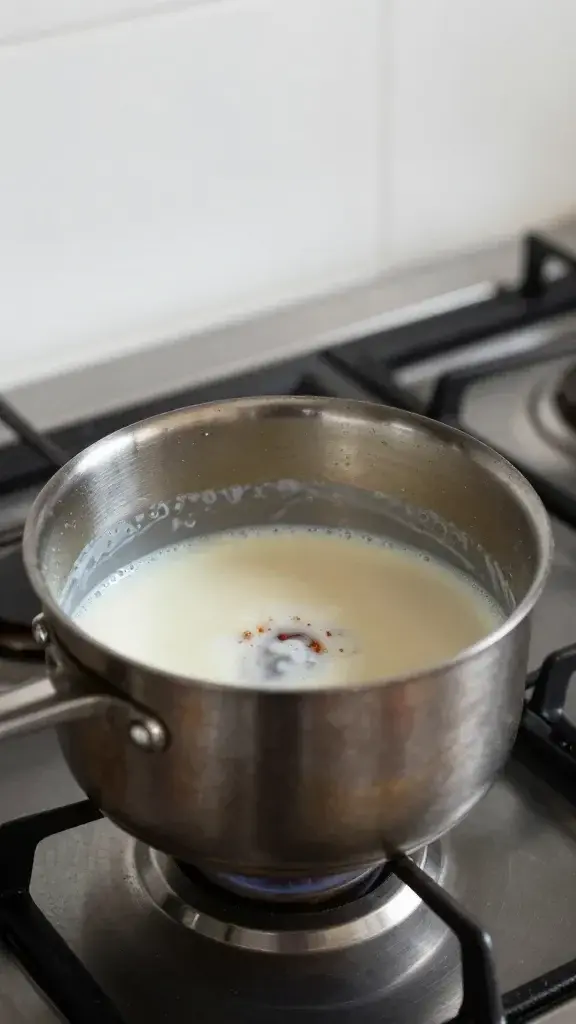 Small saucepan whisking milk and cinnamon on stovetop