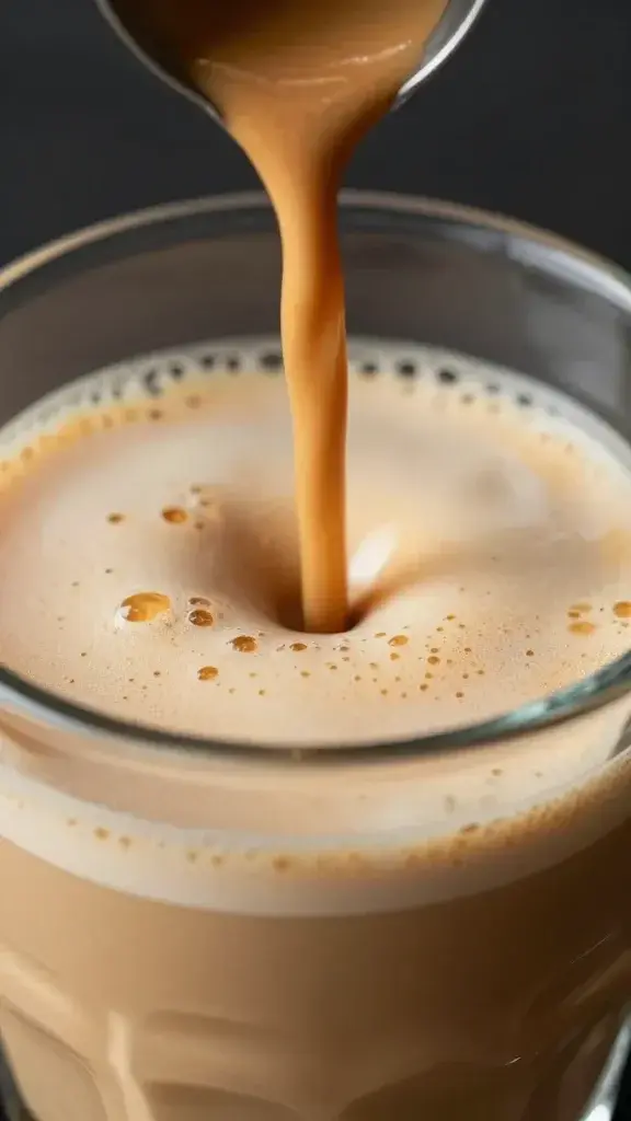 Espresso shot poured into frothy cinnamon milk, close-up shot