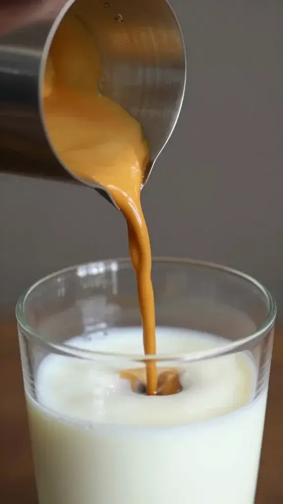 espresso shot pouring into glass of milk, close-up