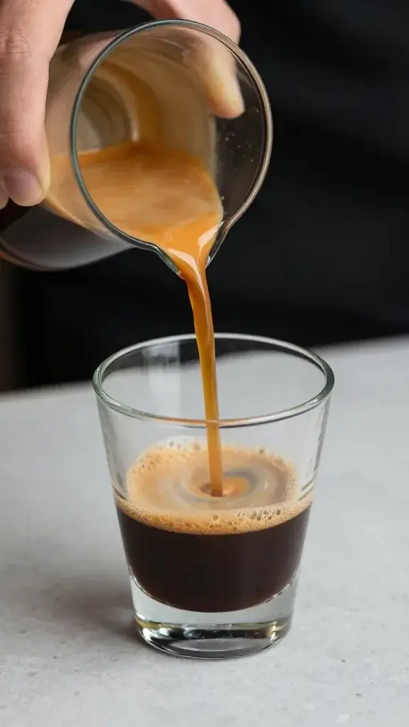 espresso shot pouring into glass, vanilla syrup nearby