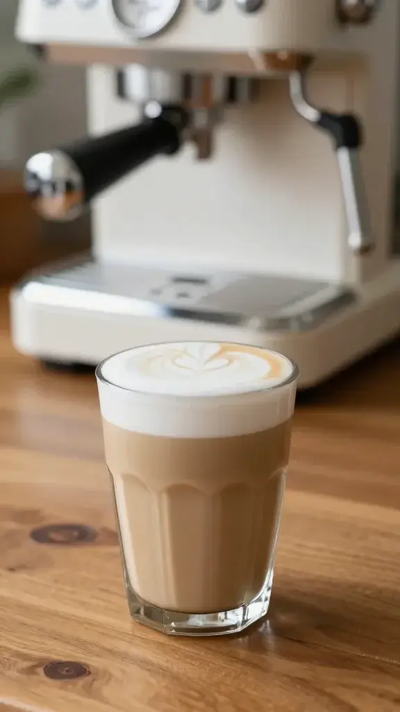 vanilla latte on wooden table, espresso machine blurred background