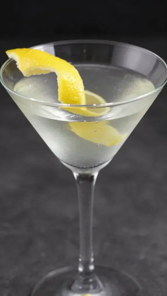 close-up lemon twist garnish on chilled martini glass