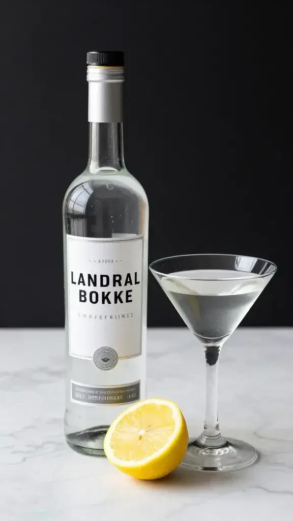 vodka bottle, lemon halves, simple syrup beside martini glass