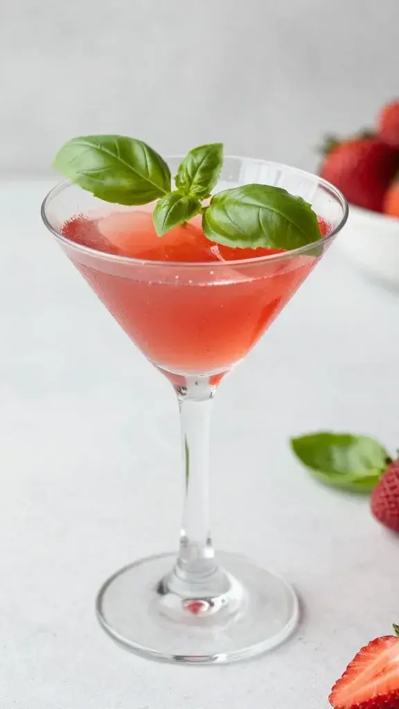Strawberry basil martini in coupe, basil garnish, natural light