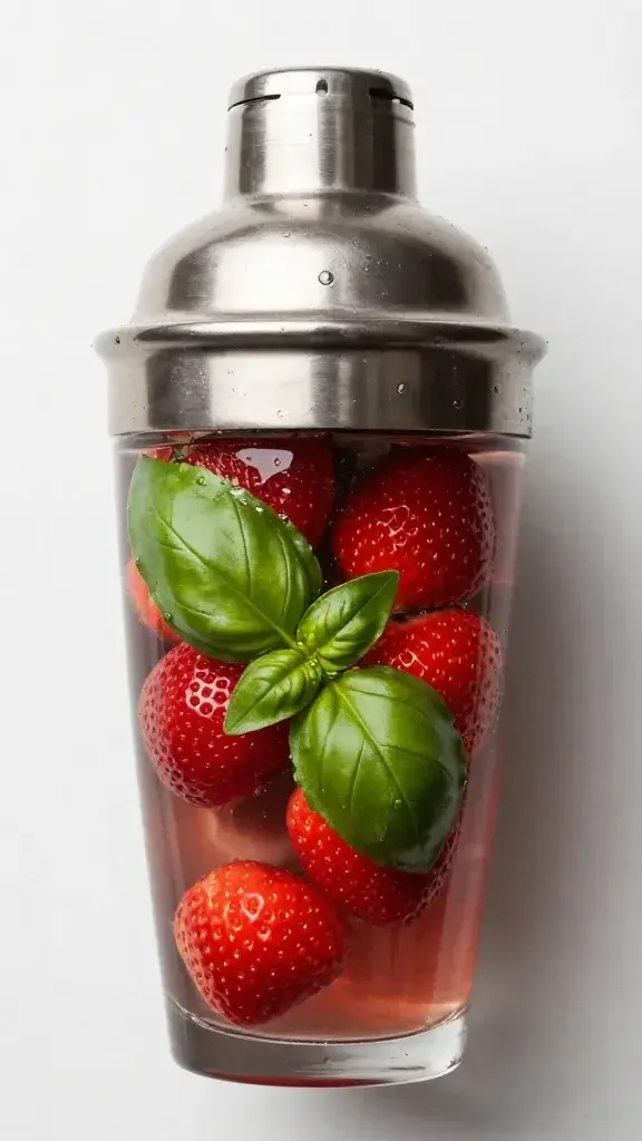 Muddled strawberries and basil in cocktail shaker, overhead shot