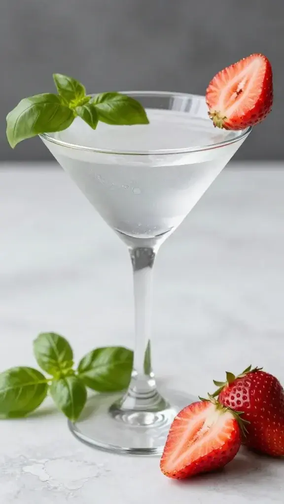 Fresh basil leaves and sliced strawberries beside chilled martini glass