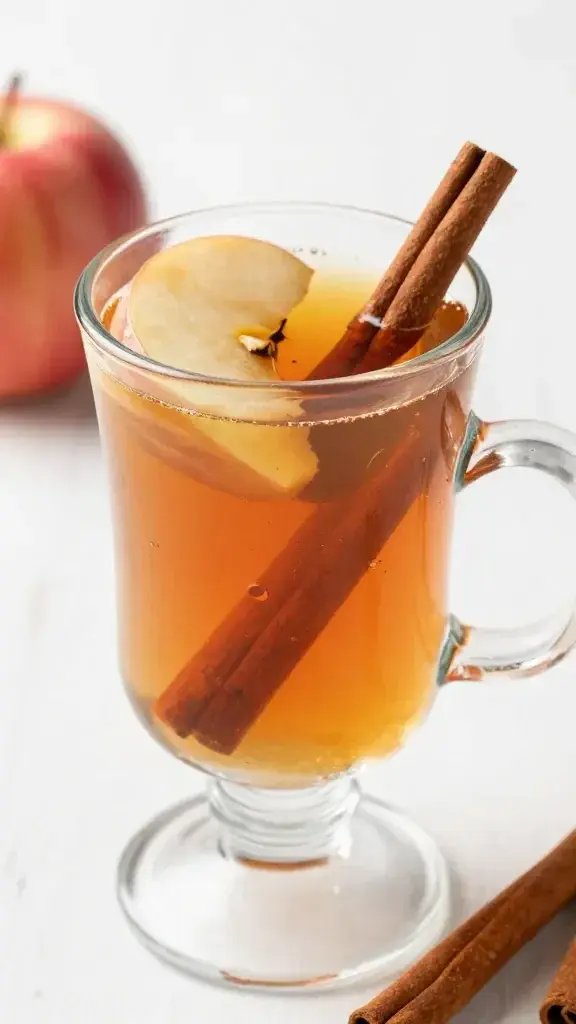 Spiced apple hot toddy in clear mug, cinnamon stick