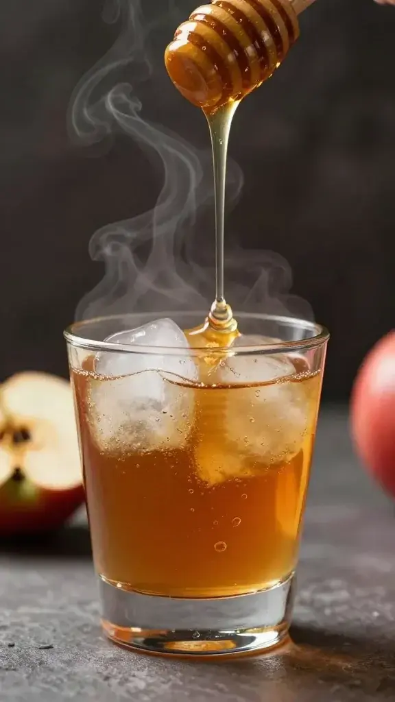 Honey drizzle into whiskey apple toddy, steam rising