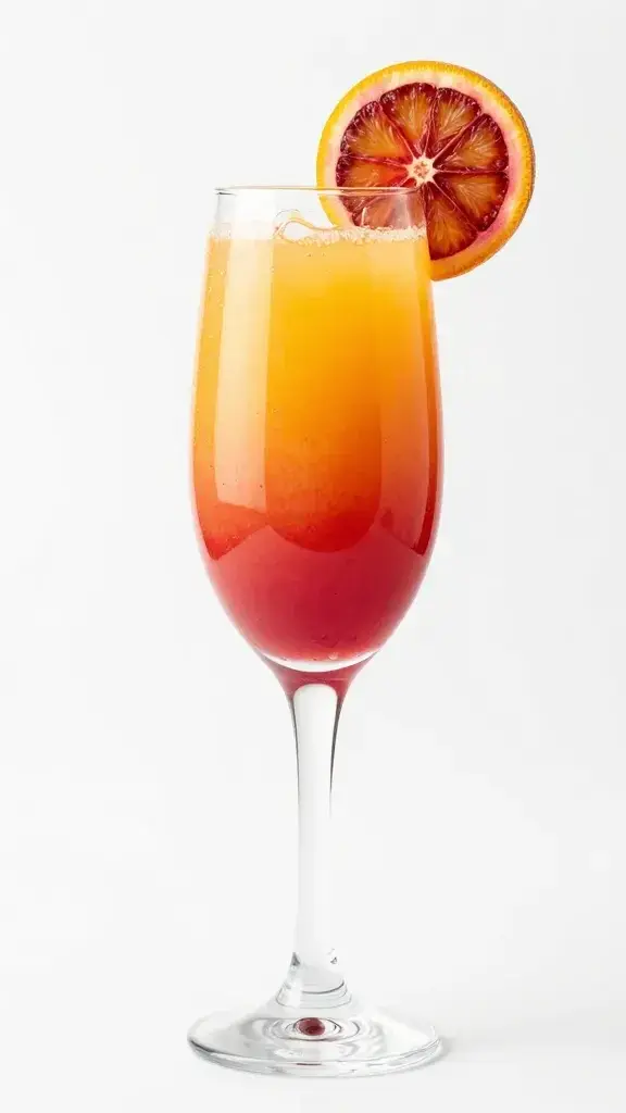 Blood orange mimosa in flute, ruby gradient, white backdrop