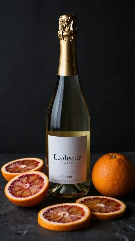 Sliced blood oranges and chilled prosecco bottle, moody lighting