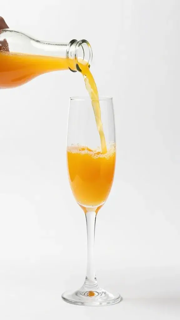 Pouring blood orange juice into champagne flute, crisp studio shot