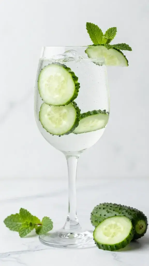 Gin, cucumber slices, and mint sprigs on marble