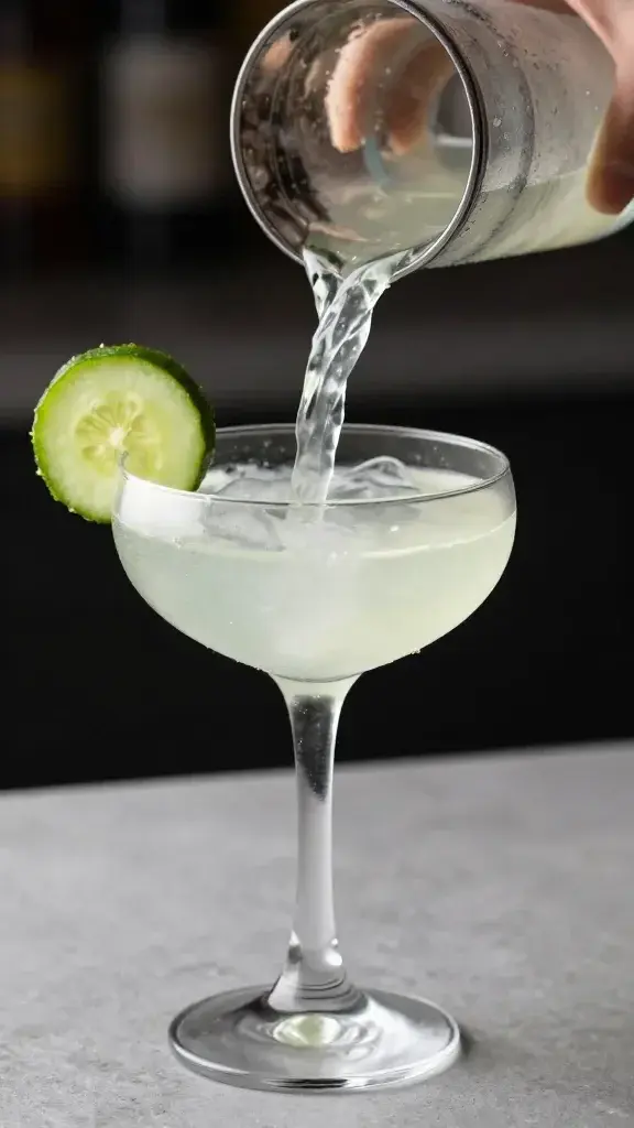 Frosted shaker pouring cucumber mint gimlet into coupe