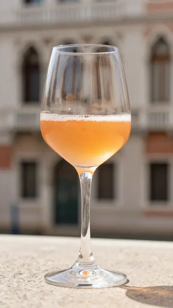 Peach Bellini in coupe, sunlit, Venetian-inspired backdrop