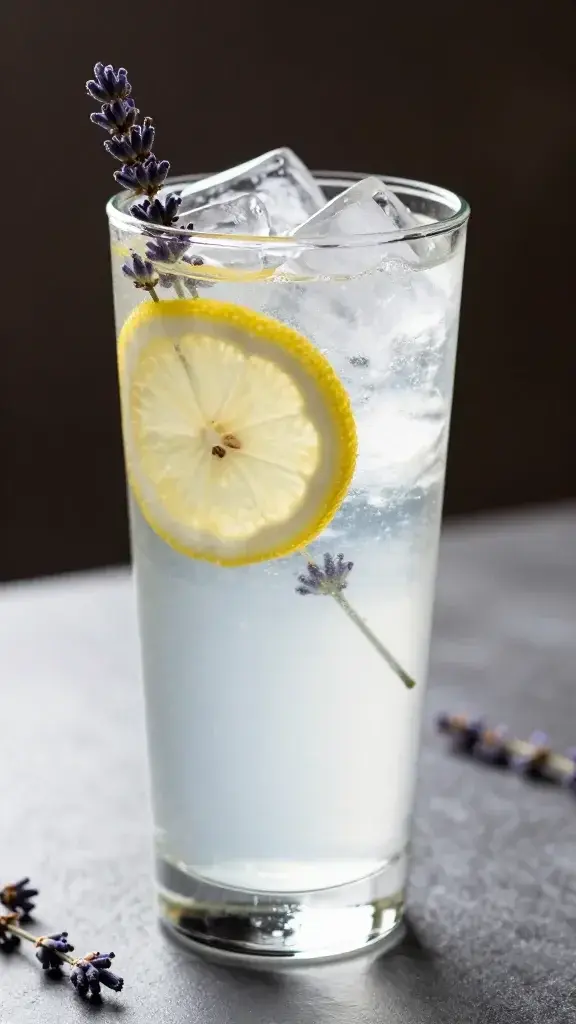 lavender lemon gin and tonic in highball, clear ice, backlight