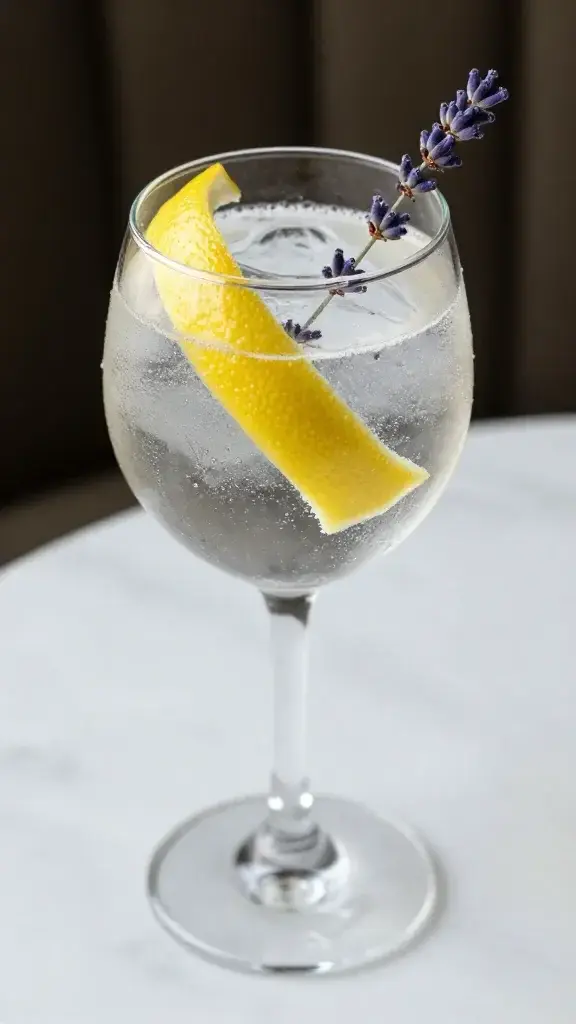 close-up gin, lemon twist, lavender sprig garnish on marble