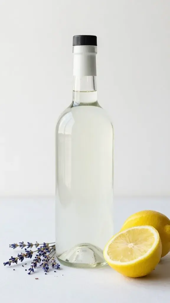 gin bottle, lemon halves, pinch of dried lavender, soft daylight
