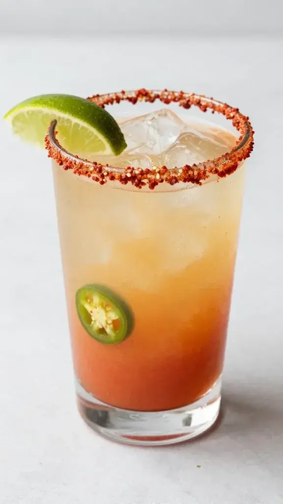 Jalapeño margarita in rocks glass, tajín rim, lime wheel