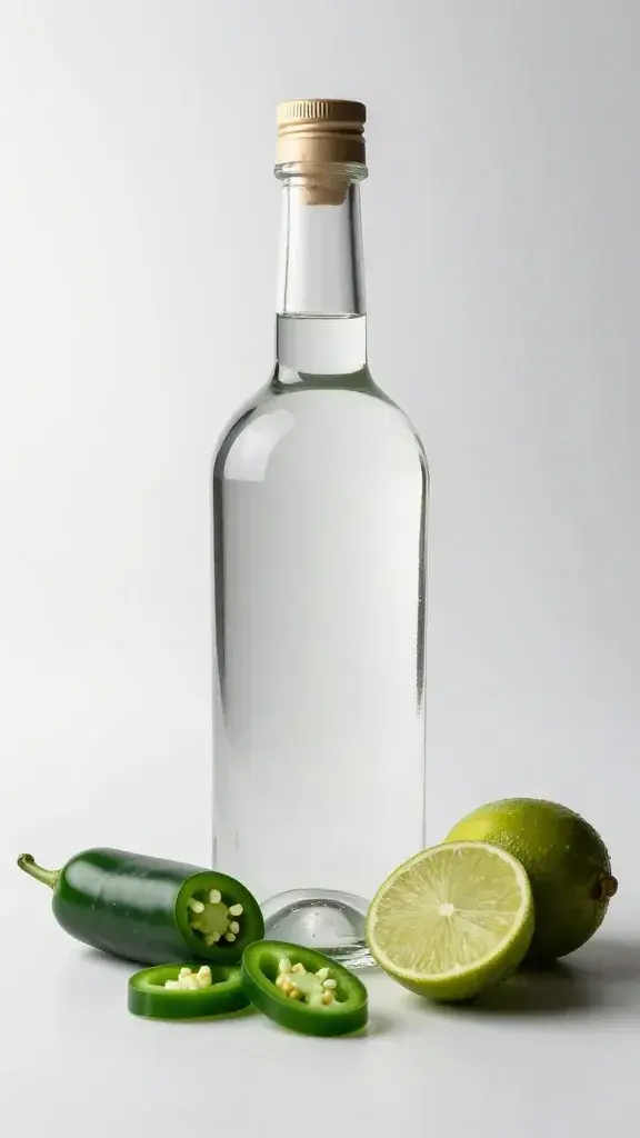 Tequila blanco bottle beside sliced jalapeños and limes, studio light