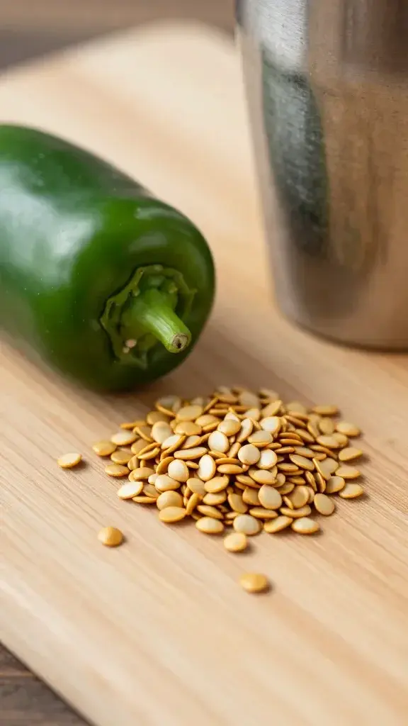 Close-up jalapeño seeds on cutting board, cocktail shaker nearby