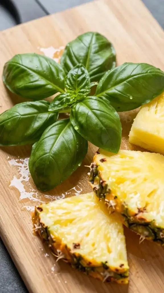 Fresh basil leaves and pineapple wedges on wet cutting board