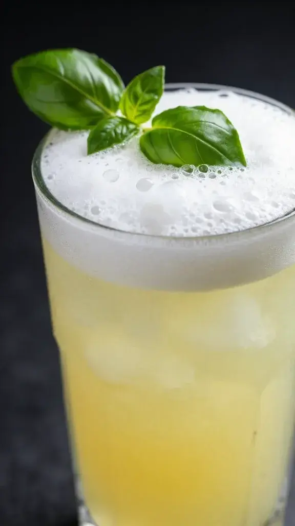 Cocktail close-up: basil garnish, pineapple foam, backlit glass