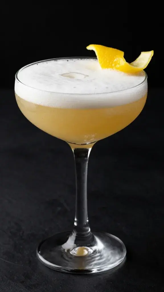 frothy whiskey sour in coupe, lemon twist, black backdrop