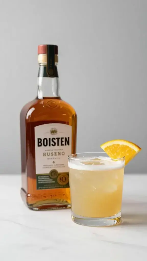 bourbon bottle beside shaken whiskey sour, citrus wedge, minimal set
