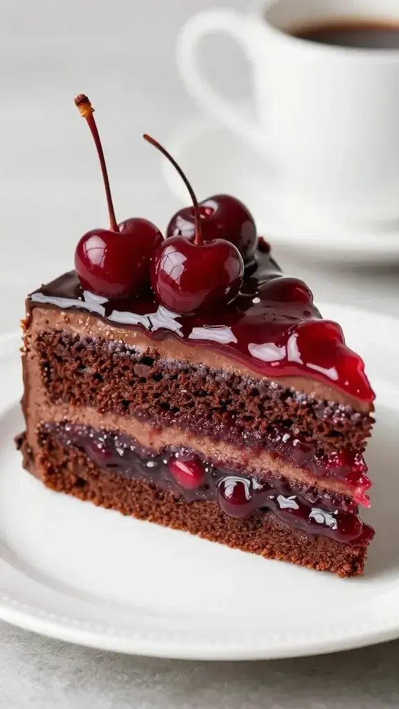 chocolate cherry cake slice with glossy cherry filling