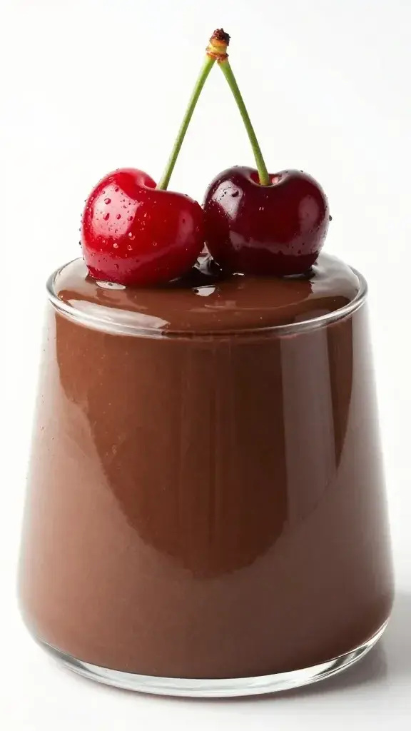 dark chocolate mousse topped with fresh cherries, studio lighting